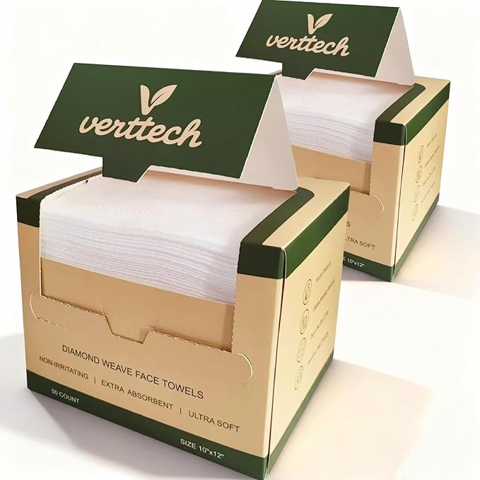 verttech™ Diamond Weave Face Towelettes Disposable XL, 100 Count (2PK), 10"x12" Clean Towels for Face, Disposable Facial Towels & Washcloths, Makeup Remover Wipes & Face Towels Clean Skin