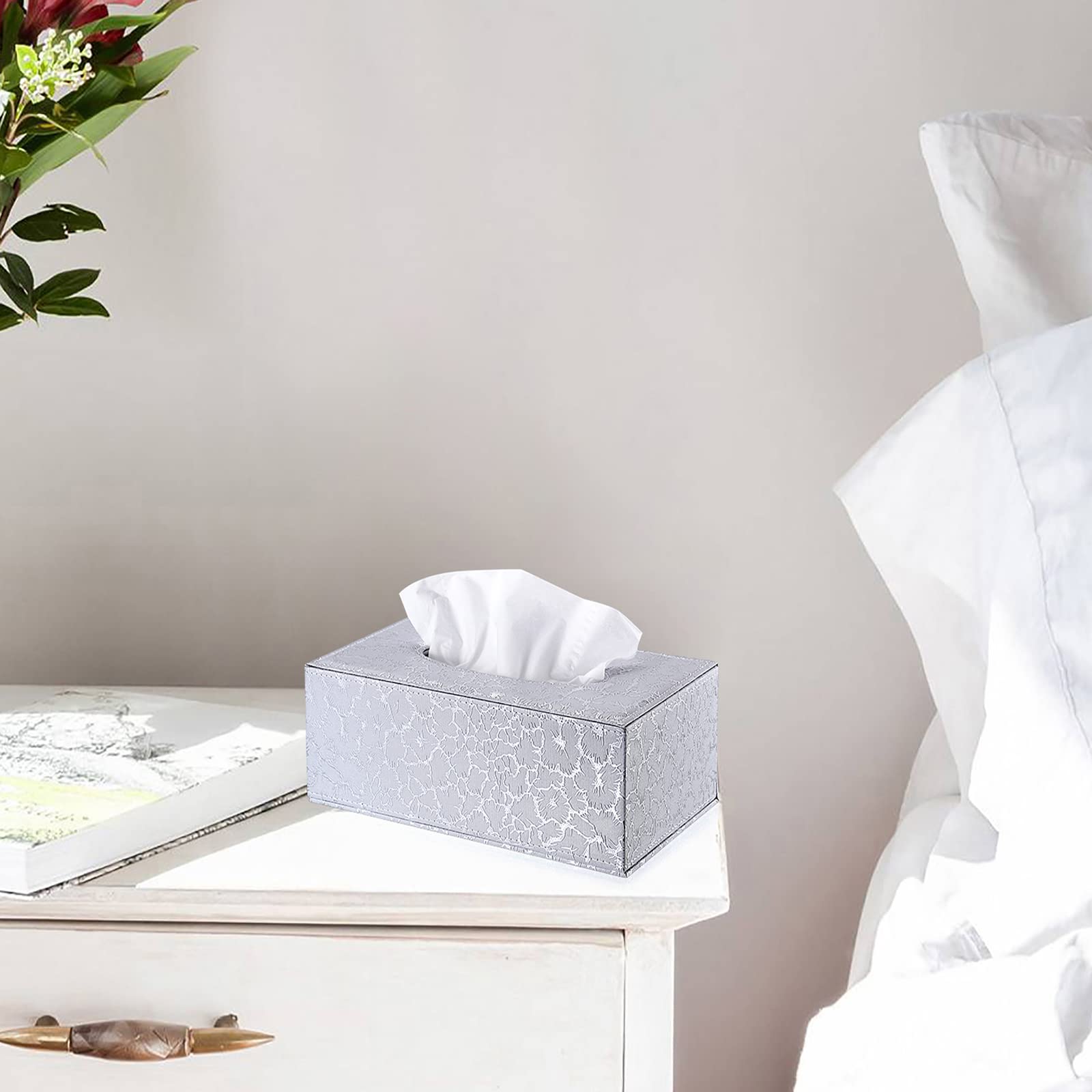 Sumnacon Rectangle Tissue Box Cover with Magnetic Bottom,Whaterproof,Silver