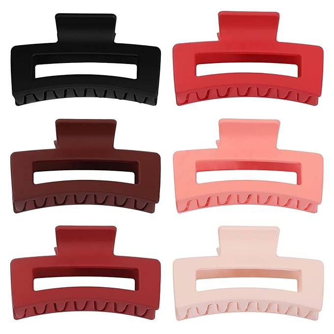 Sisiaipu 3.5 Inch Medium Hair Claw Clips 6 Pack Hair Clips for Women Square Rectangle Claw for Hair Banana Jaw Clips Hair Accessories for Girls -Red