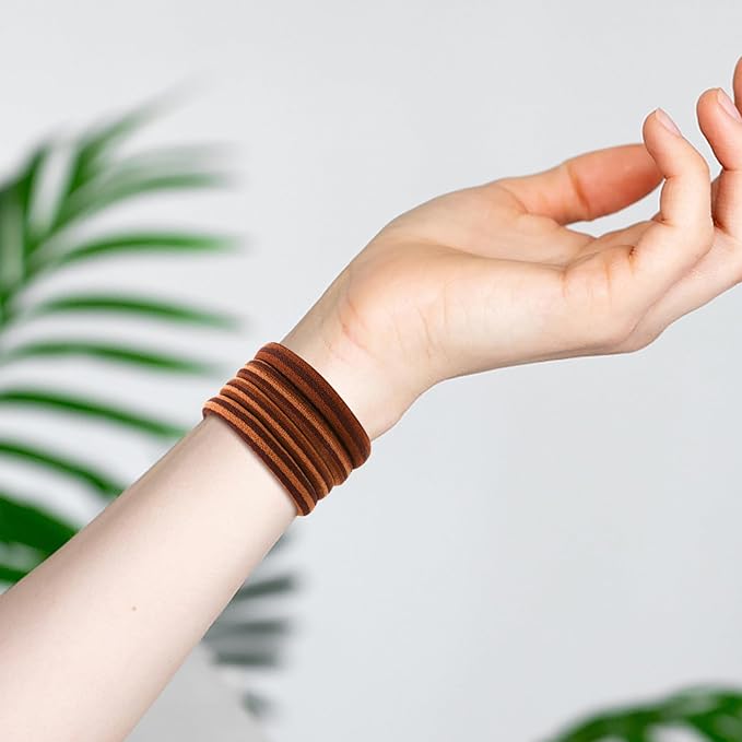 Qarwayoc 50PCS Thick Hair Ties, Cotton Hair Bands for Thick Curly Heavy Hair, Brown, 2 Inch in Diameter, no Damage, Seamless, Two Color MIXTURE, Lasting Fashion