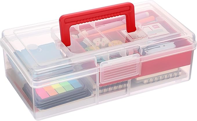 JUXYES Plastic Fishing Tackle Box Organizer with Removable Dividers, Clear Fishing Tackle Storage Boxes with Handle, 2 Layer Fishing Tackle Tray Box Lure Box, Red