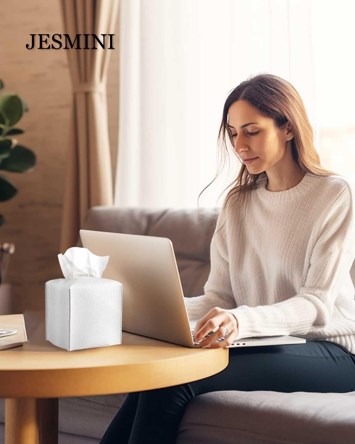 JESMINI Tissue Holder White Tissue Box Cover – Square Leather Tissue Cover Box with Bottom Belt, Decorative Tissue Box Holder for Modern Home Office Decor