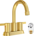 Brushed Gold 4 Inch 2 Handle Centerset Lead-Free Bathroom Faucet, Swivel Spout with Copper Pop Up Drain and 2 Water Supply Lines, BF015-1-BG