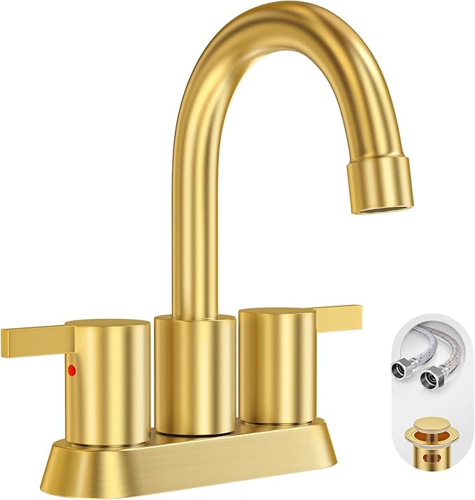 Brushed Gold 4 Inch 2 Handle Centerset Lead-Free Bathroom Faucet, Swivel Spout with Copper Pop Up Drain and 2 Water Supply Lines, BF015-1-BG