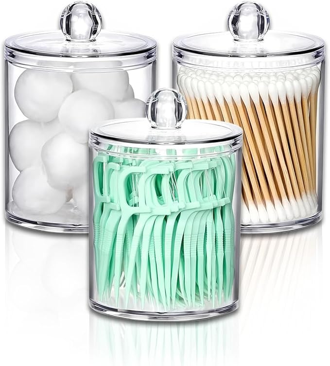 DIYOHFE 3PCS Acrylic Qtip Dispensers Holders With Clear lid, Clear Bathroom Round Countertop Storage Organizer Canister for Cotton Balls,Swabs,Pads,Bath Salts , Makeup Sponges,Tooth Floss