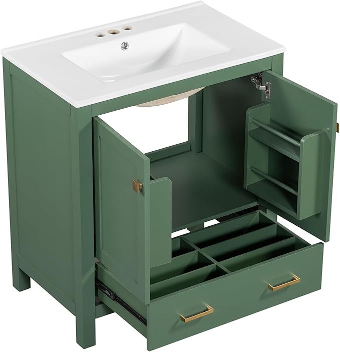 Bellemave 30" Bathroom Vanity with Sink Combo Set, Solid Wood Frame Bathroom Storage Cabinet with a Drawer, 2 Soft Closing Cabinet Doors with Organizer, Green