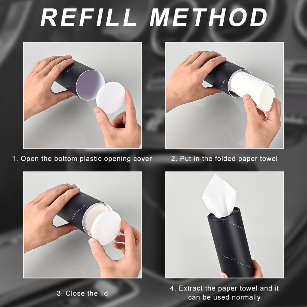 FSTURIOS 4PCS Car Tissue Holder, Car Cup Holder Convenient Travel Tissue Tube Box with Facial Tissues, Portable Round Tissues Holder Paper Towel Cylinder for Car Home Office (Marble Black)