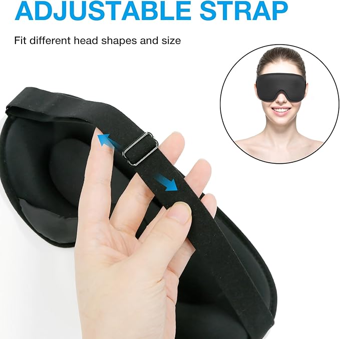 LYSIAN 3D Sleep Mask for Side Sleepers, Blackout Eye Mask with No Pressure on Eyes, Adjustable Comfortable Blindfold with 5 Pairs of Ear Plugs for Sleeping, Travel, Nap, Black