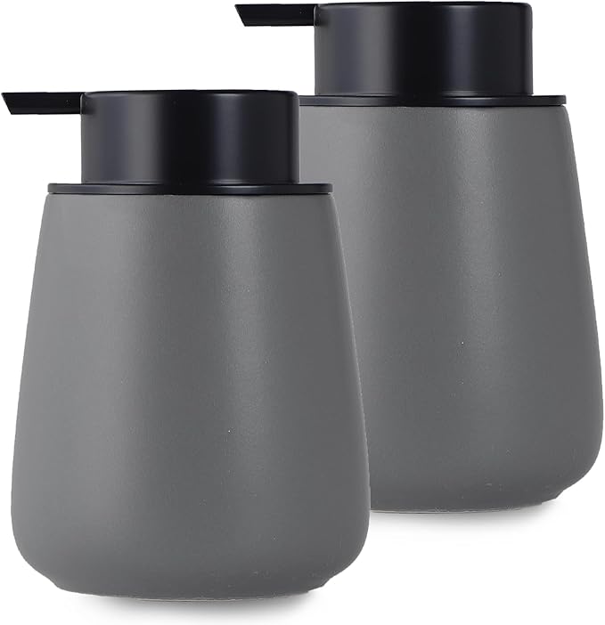 12Oz Hand Soap Dispenser Set - 2 Pack Ceramic Lotion Soap Dispenser Set with Easy-to-Press Black Pump, Refillable Mordern Liquid Dish Soap Dispensers for Bathroom & Kitchen (Grey, Liquid Pump)