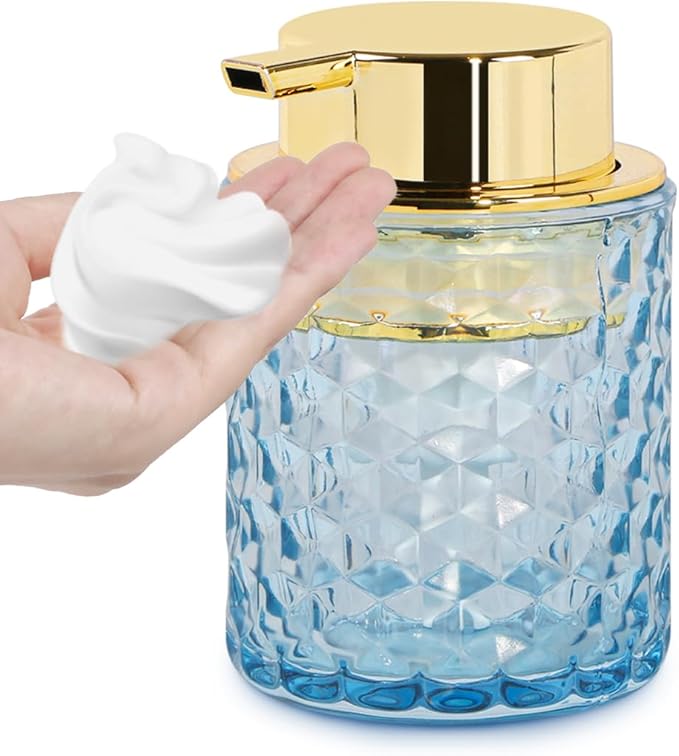 Fvstar 10 Oz Glass Hand Soap Dispenser with Pump, Refillable Bathroom Gold Foaming Soap Dispenser, Vintage Glass Diamond Lotion Container Bottle for Bathroom and Kitchen (1, Blue and Gold)