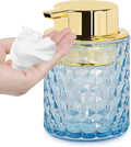 Fvstar 10 Oz Glass Hand Soap Dispenser with Pump, Refillable Bathroom Gold Foaming Soap Dispenser, Vintage Glass Diamond Lotion Container Bottle for Bathroom and Kitchen (1, Blue and Gold)