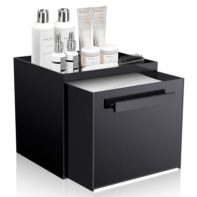 Disposable Face Towel Storage Box Compatible with Clean Skin Club Clean Towel XL Acrylic Cosmetic Organizer Container Box Facial Towels Holder with Drawer Wall-Mounted (Glossy Black)