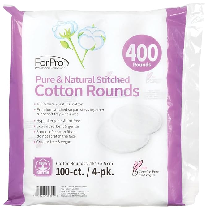 ForPro Pure & Natural Stitched Cotton Rounds for Face (400-Count), 100% Pure, Makeup Remover Pads, Hypoallergenic, Lint-Free, Vegan & Cruelty-Free, 100 Cotton Pads (Pack of 48)