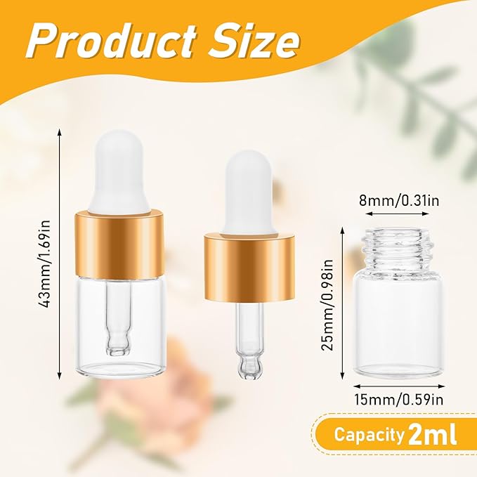 COTOM 100 Pack Mini Dropper Bottle for Cuticle Oil, 2ml Small Sample Essential Oil Dropper Bottles for Travel, Clear Empty Vails for Cosmetic Perfume