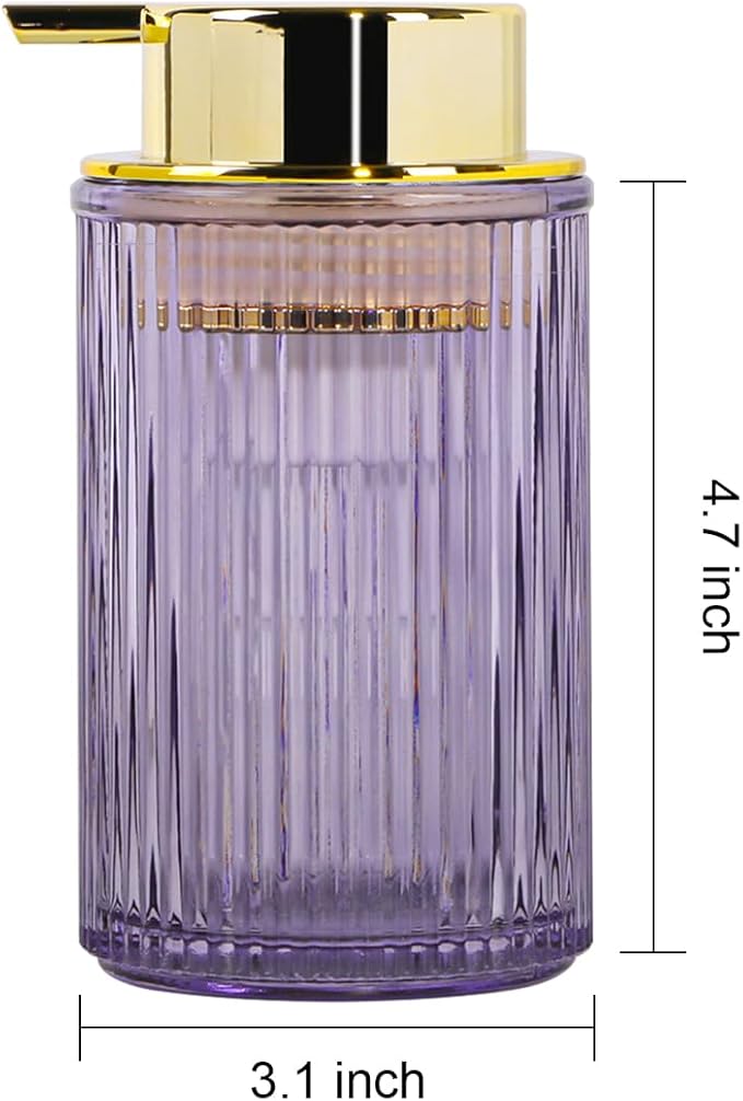 Tonxus Foaming Soap Dispenser, 12 Oz Purple Glass Soap Dispenser, Refillable Liquid Lotion Container Foam Gold Pump Bottle Decorative Modern Slim Ribbed Bottle for Bathroom and Kitchen