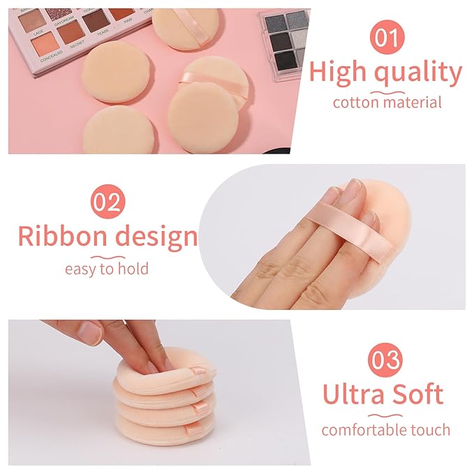 10 Pieces Foundation Sponge for Face Powder, 2.36 inch Makeup Puff for Foundation Velour Pure Cotton Applicator Cotton Cosmetic Makeup Puffs Pads with Ribbon