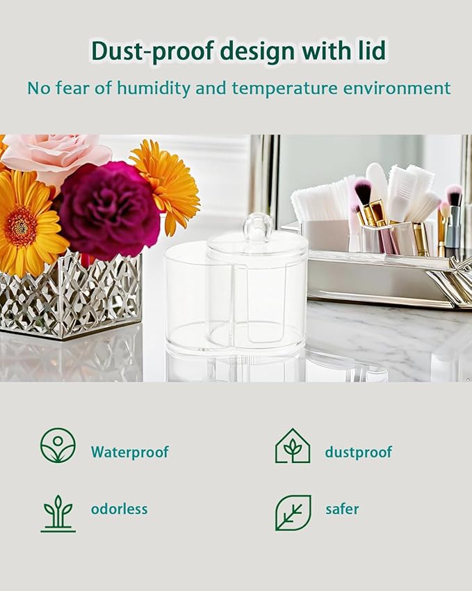 AkoSlale 2-in-1 Cotton Swab and Cotton Round Holder with Lid - Clear Plastic Dual Compartment Bathroom Vanity Organizer, Shatterproof Countertop Container for Makeup Pads & Skincare Storage