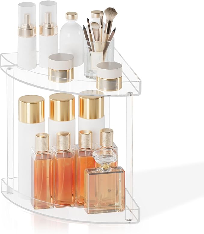 Acliys Bathroom Counter Organizer Countertop 2 Tier Storage Acrylic Corner Makeup Organizer for Makeup, Perfume, Vanity, Spice Rack, Bathroom Sink, Coffee Station(Clear)
