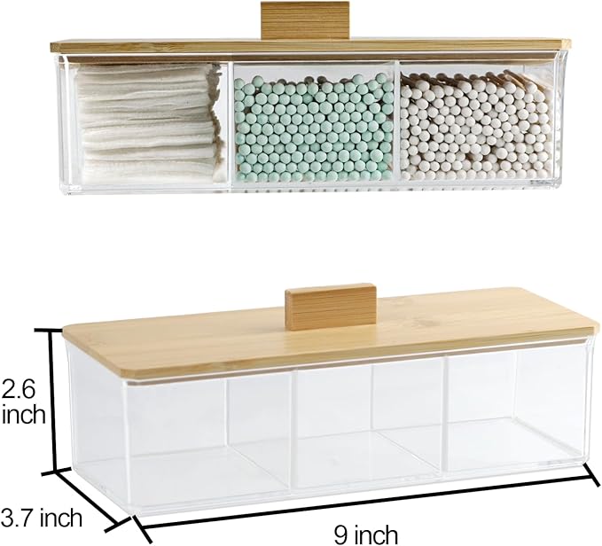 Clear Bathroom Dresser Organizer - Cotton Ball Swab Holder with 3 Divided Compartments&Lid, Waterproof Transparent Small Plastic Storage Containers, Vanity Makeup Organization