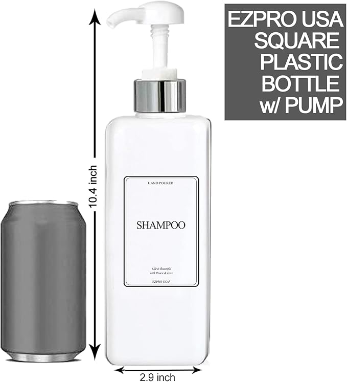 EZPRO USA Empty Plastic Square Bottles Pump Shampoo Conditioner Body Wash Face, in Shower Bathroom Dispenser, Waterproof Permanent Labels, 27oz 800ml Set of 4 (White Plastic, Silver White Pump)