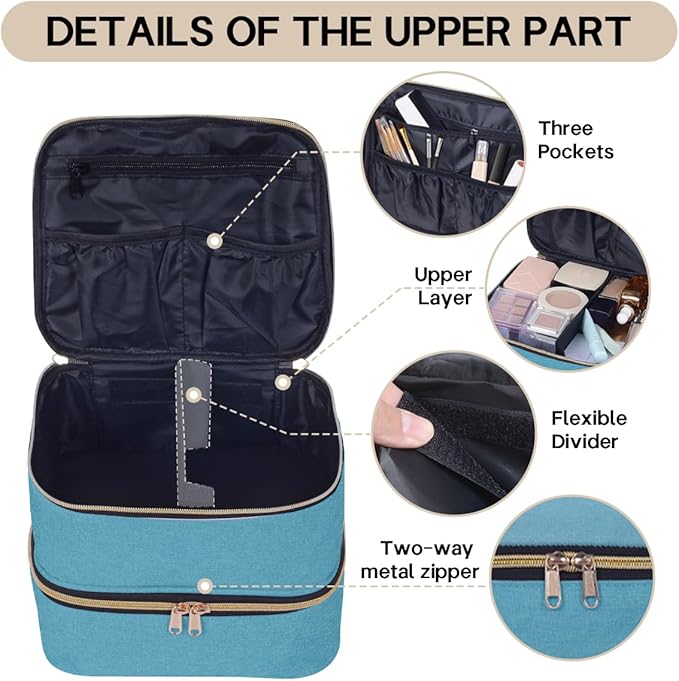 TANPADUAJI Double Layer Makeup Bag Portable Large Cosmetic Case Organizer with Adjustable Dividers Storage Travel Bag for Accessories Brushes Conditioner and Skin Care Products (Green)