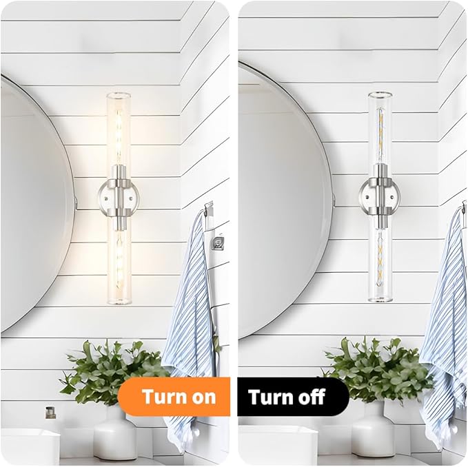 Brushed Nickel Wall Sconces Set of 2, Modern Bathroom Vanity Lights for Mirror, Hardwired Glass Wall Light Fixtures with E26 Base (Bulbs Required) for Bathroom, Bedroom, Hallway, 22.05 Inch