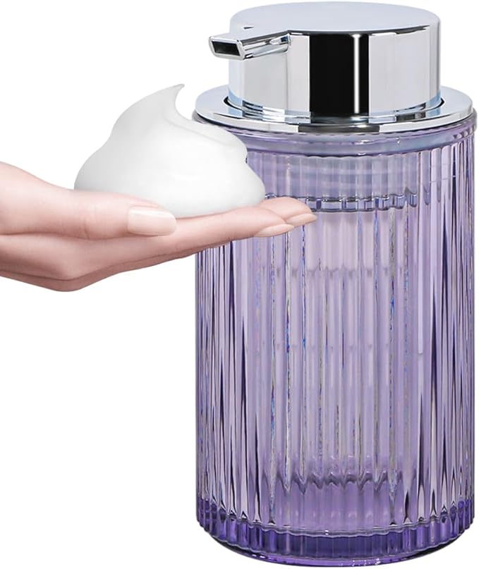 Tonxus Foaming Soap Dispenser, 12 Oz Purple Glass Foam Hand Soap Dispenser, Refillable Glass Foam Pump Bottle Container Decorative Slim Ribbed Bottle for Bathroom and Kitchen