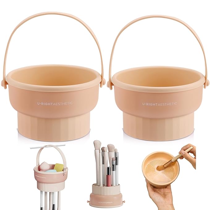GOLIKEE 2 Pack Makeup Brush Cleaner Mat 3 in 1 Silicone Makeup Brush Cleaning Bowl Makeup Brush Sponge Scrubber Tool for Cleaning, Storage and Upside Down Drying, （Two Khaki）
