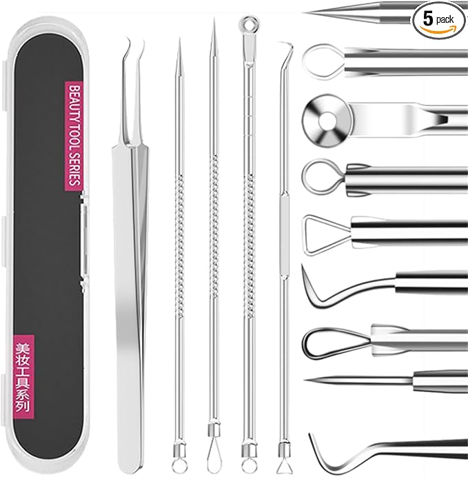 5PCS Blackhead Remover Comedone Extractor,Stainless Pimple Popper Tool，Curved Blackhead Tweezers Kit, Professional Stainless Pimple Acne Blemish Removal Tools Kit，Blackhead Extractor Tool