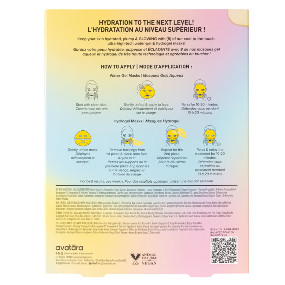 Avatara High-Key Glow Water-Gel and Hydrogel Sheet Mask Variety 8-Pack - Hyaluronic Acid, Vitamin C, and Lyocell Fiber Korean Beauty Face Masks for Tween, Teen and All Skin