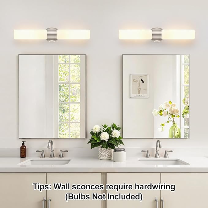 Wall Sconces Set of Two, Modern Bathroom Sconces Wall Lighting with Milky White Glass, Brushed Nickel Sconces Wall Decor Set of 2 for Bathroom Mirror Bedroom Living Room Hallway
