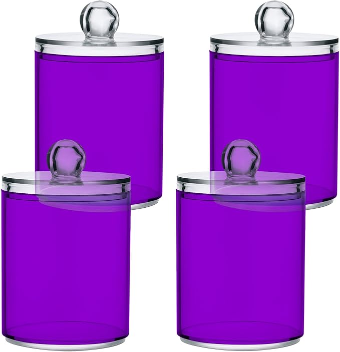 Purple Qtip Holder Organizer Dispenser Cotton Swabs Cans Plastic Jars with Lid Set 2 Pack Bathroom Storage Canister for Cotton Ball Floss Cotton Pads