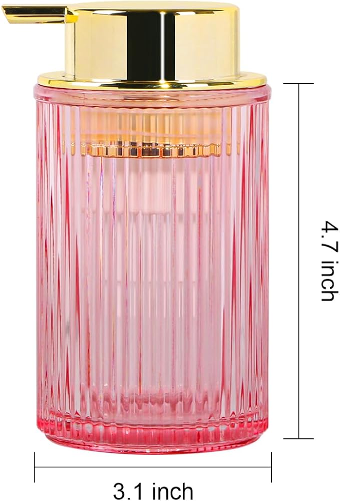 Tonxus Foaming Soap Dispenser, 12 Oz Pink Glass Soap Dispenser, 2pcs Refillable Liquid Lotion Container Foam Pump Bottle Decorative Modern Slim Ribbed Bottle for Bathroom and Kitchen