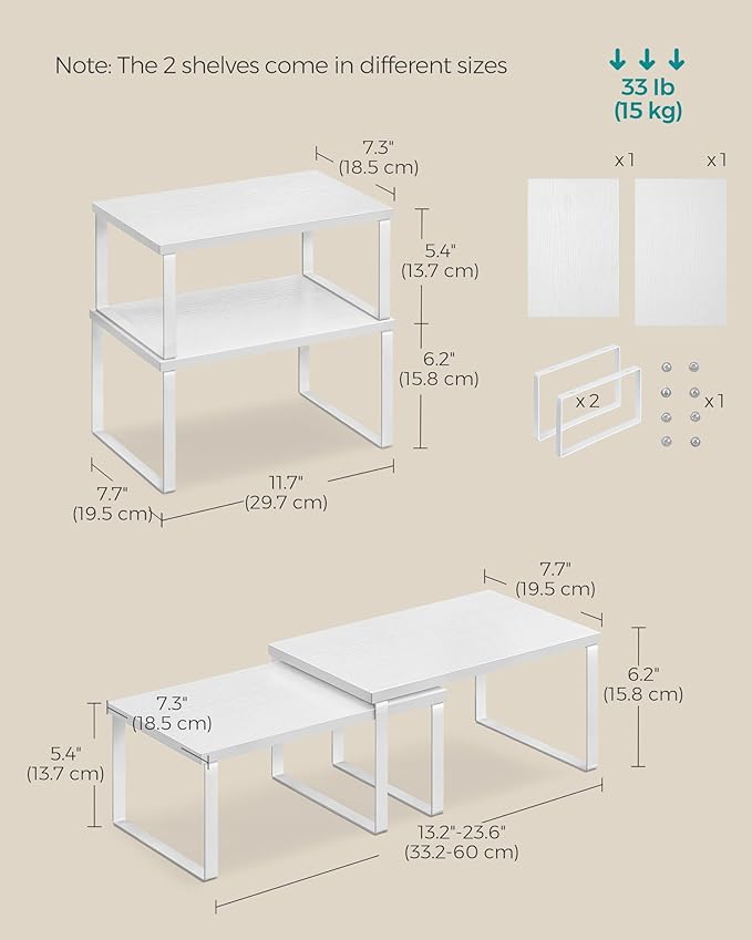 SONGMICS Cabinet Organizer Shelf, Set of 2 Kitchen Counter Shelves, Kitchen Storage, Spice Rack, Stackable, Expandable, Metal and Engineered Wood, 11.7 Inches, Cloud White and Snow White UKCS02W01