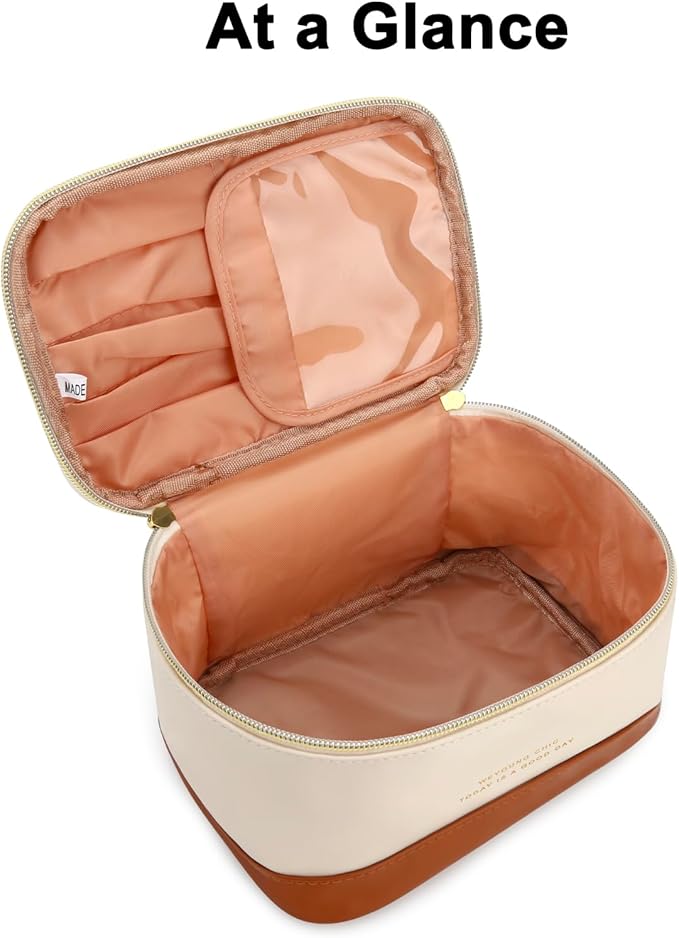 JINSI Small Makeup Bag Travel Cosmetic Bag Toiletry Zipper Pouch Make Up Organizer Bag with Handle Purse for Women Soft PU Leather Skincare Case (L01-Beige)