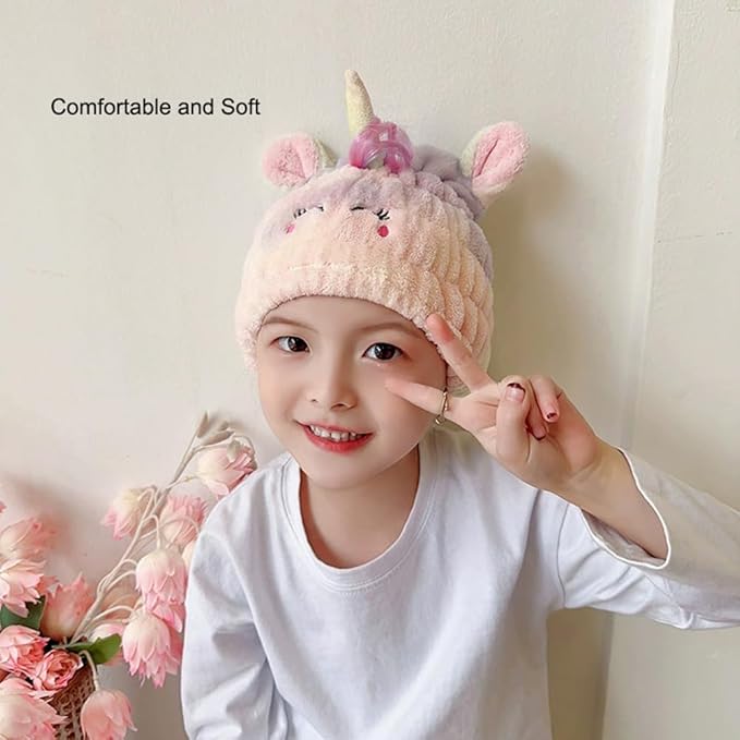 NAWPHEKI Animal Hair Drying Towel Cap for Kids, 2Pcs Cute Unicorn Microfiber Bath Dry Hair Wrap, Absorbent Quick Girls Boys Hair Drying Towel, Suck Water Hat Headscarf for Wet Hair