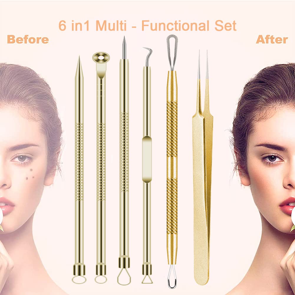 Pimple Popper Tool Kit 6 Pcs Blackhead Remover Acne Needle Tools Set Removing Treatment Comedone Whitehead Popping Zit for Nose Face Skin Blemish Extractor Tool - Gold