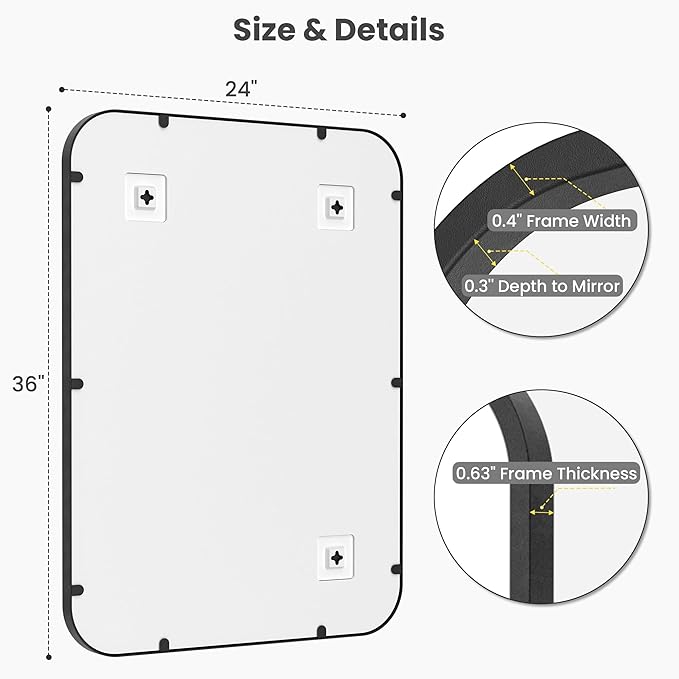 Pocetry 2-Pack 24x36 Inch Matte Black Rounded Rectangle Vanity Mirrors
