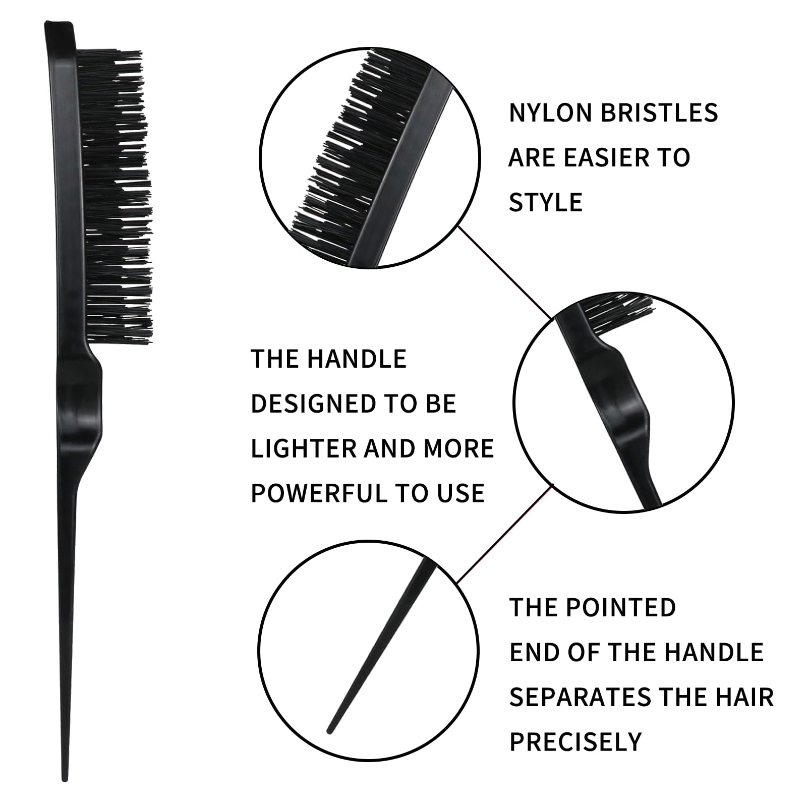 UREELIN Hair Brush Set for 3a,4c,Wig/Thick/Wavy/Curly/Slick Back Hair Brushes,Rat Tail Combs,8-Row,Edge Brush,For Detangling,Braiding,Teasing,Parting,Styling,Kids,Girls,women(Black)
