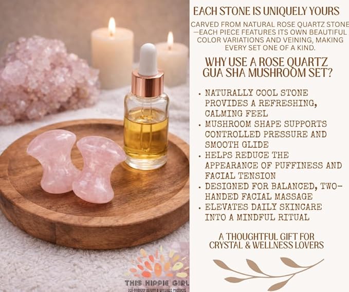 This Hippie Girl Gua Sha Mushroom Set, Rose Quartz Facial Toning and Yoga Sculpt Massage Tool, Jaw Sculpting Tools for Skin and Facial Treatment, 2 Gua Sha Mushrooms Facecare Tools
