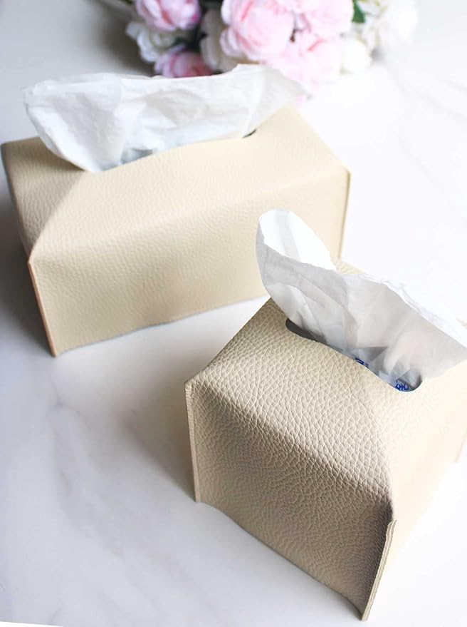 Tissue Box Cover Tissue Holder – Square Leather Tissue Box Holder with Bottom Belt [JESMINI, Beige] Modern PU Leather Tissues Cube Box Cover for Bathroom Countertop/Night Stands/Office