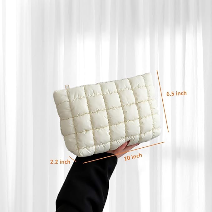 HFLZBRO Puffy Quilted Makeup Bag for Women, Cosmetic Bag, Travel Toiletry Organizer Pouch Clutch (white)