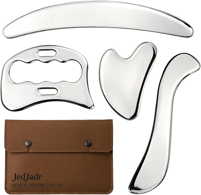 JedJadr 4 in 1 Stainless Steel Massage Scraper Tool Set for Deep Tissue Relief, IASTM Tool and Gua Sha Massage Tools for Muscle Recovery, Physical Therapy Scraping Tool with Facial Gua Sha