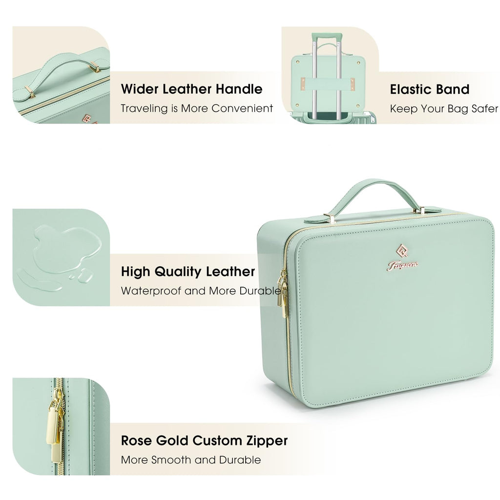 Leather Makeup Case with LED Lighted Mirror 11.4 Inch Travel Makeup Bag Adjustable Brightness in 3 Colors Cosmetic Organizer Artist Storage Bag with Dividers Brush Holder Storage Vanity Watery Blue
