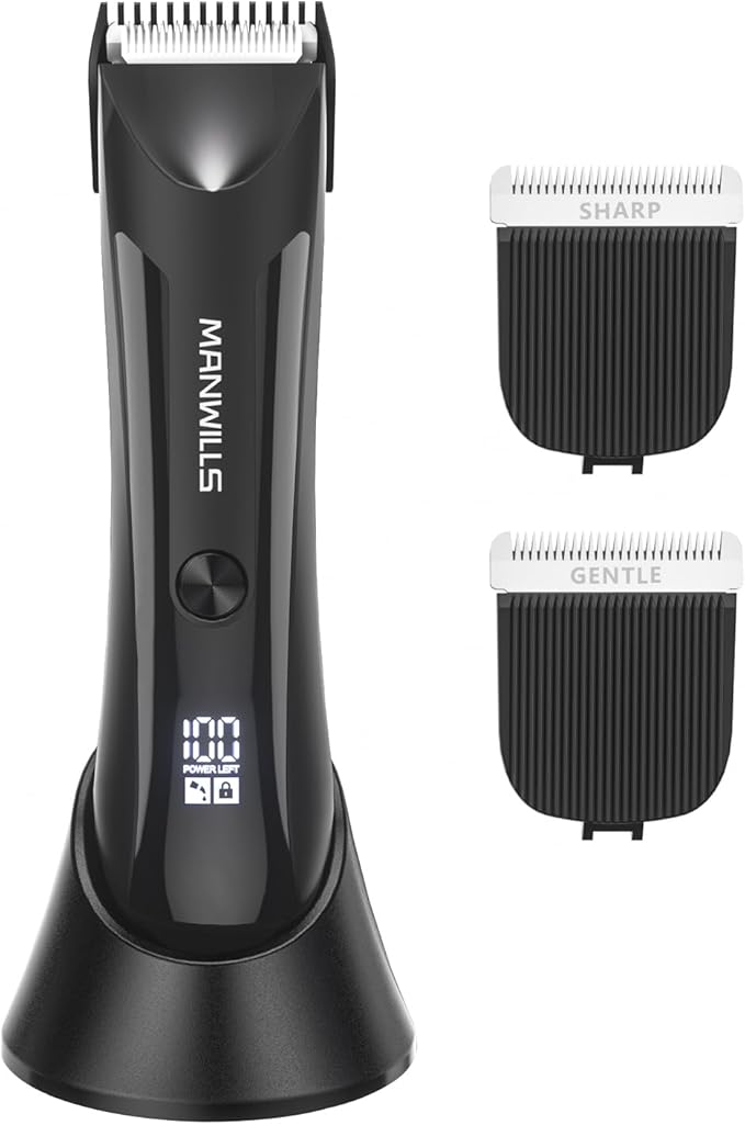 ManWills Body Hair Trimmer Men - Ball Trimmer Men, 2 Replaceable Ceramic Blades, Waterproof Pubic Trimmer with Charging Dock, Rechargeable, 7000RPM