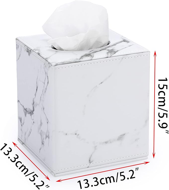 Sumnacon Square Leather Tissue Box Cover - Stylish Cube Tissue Box Holder with Magnetic Bottom, Decorative PU Tissue Box for Vanity Dresser Night Stand Table Countertop Home Office Car, Marble White