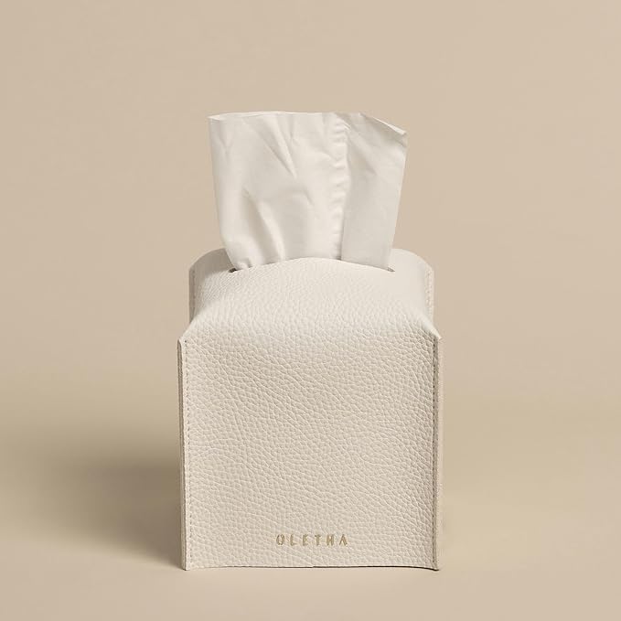 OLETHA Square Tissue Box Cover - Aesthetic Desk Decor for Room, Home & Office - Tissues Cube Boxes Holder - White