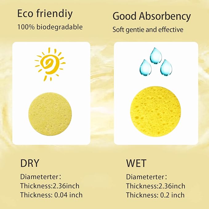 50-Count Facial Sponges Compressed Natural Cellulose Sponge Round Shape Face Sponge for Face Cleansing Exfoliating and Makeup Removal, Yellow