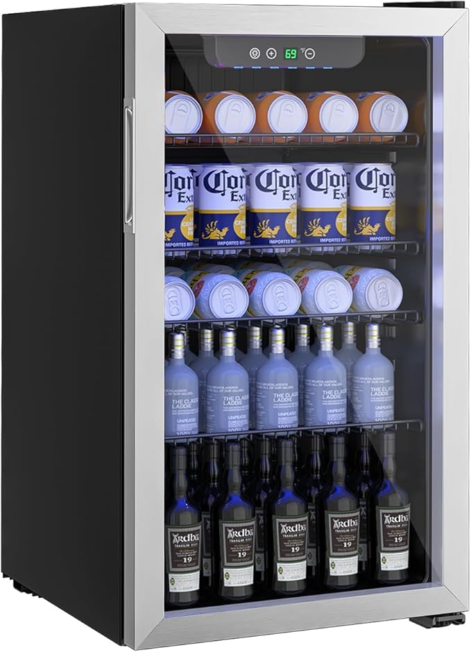 Erivess Beverage Refrigerator and Cooler, 110 Can/3.1 Cu Ft Mini Fridge with Glass Door, Adjustable Shelves for Soda,Bee,Wine, Free Standing Small Refrigerator, Digital Display, for Home, Bar, Office