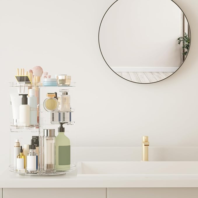 Rotating Makeup Organizer, DIY 8 Adjustable Layers Spinning Skincare Storage, Cosmetic Display Case with Brush Holder and Perfume Tray, Multi-Function Vanity Bathroom Countertop Organizer Clear